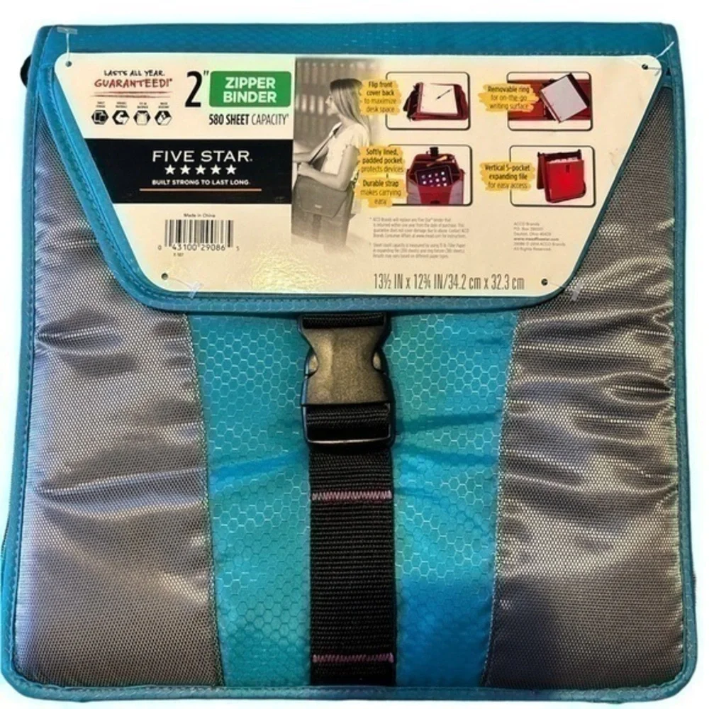 BACK TO SCHOOL -  Mead Five Star 2” Zipper Binder w/Strap - Teal/Gray/Pink - NWT